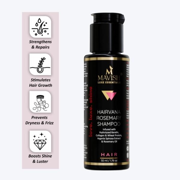 MAVISH Luxe Essentials Hairvana Rosemary Shampoo | Infused With Hydrolyzed Keratin, Collagen & Wheat Protein, Argania Spinosa Extract & Rosemary Oil | 50ml - Image 2