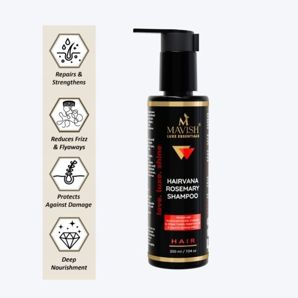 MAVISH Luxe Essentials Hairvana Rosemary Shampoo | Infused With Hydrolyzed Keratin, Collagen & Wheat Protein, Argania Spinosa Extract & Rosemary Oil | 200ml - Image 2