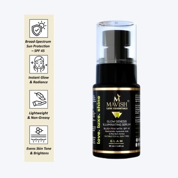 MAVISH's Glow Genesis Illuminating Serum | Blush Pink with SPF 45 | For Bright & Glowing Face | Niacinamide, Hyaluronic Acid & Pine Bark Extract | 30 Ml - Image 2