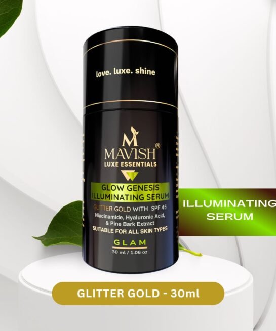 MAVISH's Glow Genesis Illuminating Serum | Glitter Gold with SPF 45 | For Bright & Glowing Face | Niacinamide, Hyaluronic Acid & Pine Bark Extract | 30 Ml (Glitter Gold)