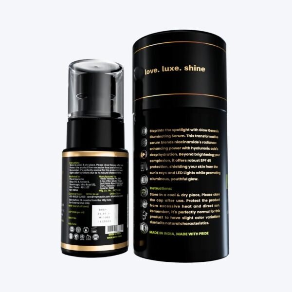 MAVISH's Glow Genesis Illuminating Serum | Glitter Gold with SPF 45 | For Bright & Glowing Face | Niacinamide, Hyaluronic Acid & Pine Bark Extract | 30 Ml (Glitter Gold) - Image 3
