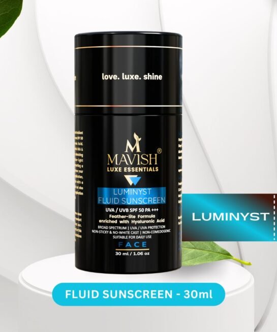 MAVISH Luxe Essentials Luminyst Fluid Sunscreen SPF 50 PA+++ - 30ml, UVA/UVB Protection, Non-Sticky, No White Cast, Non-Comedogenic, Enriched with Hyaluronic Acid for Hydration - Suitable for Daily Use