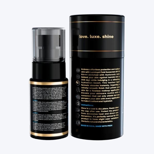 MAVISH Luxe Essentials Luminyst Fluid Sunscreen SPF 50 PA+++ - 30ml, UVA/UVB Protection, Non-Sticky, No White Cast, Non-Comedogenic, Enriched with Hyaluronic Acid for Hydration - Suitable for Daily Use - Image 3