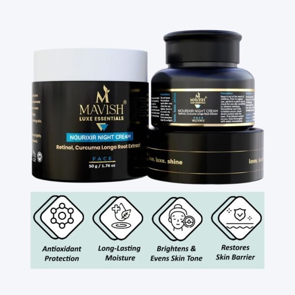 MAVISH Luxe Essentials Nourixir Night Cream-50gm, Retinol, Curcuma Longa Root Extract - Image 2