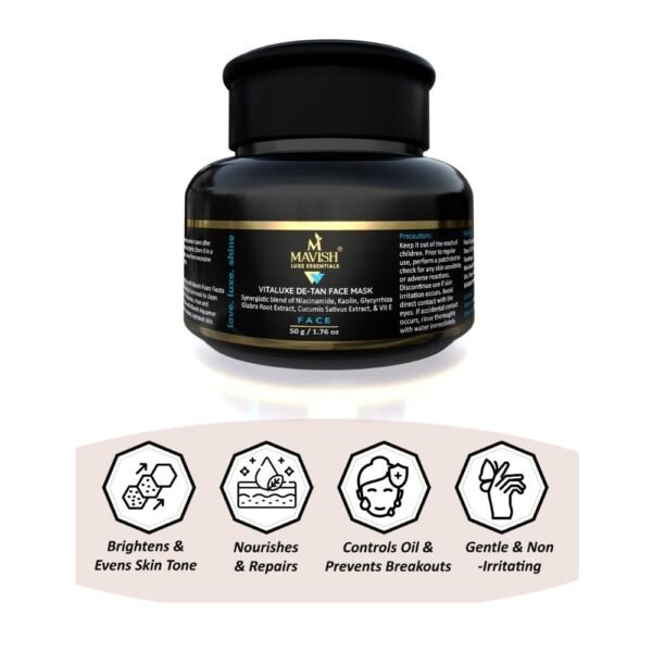 MAVISH’S Vitaluxe DE-TAN Face Mask | Synergistic Blend of Niacinamide, Kaolin With Glycyrrhiza Glabra Root & Extract, Cucumis Sativus Extract & Vitamin E | 50g - Image 2